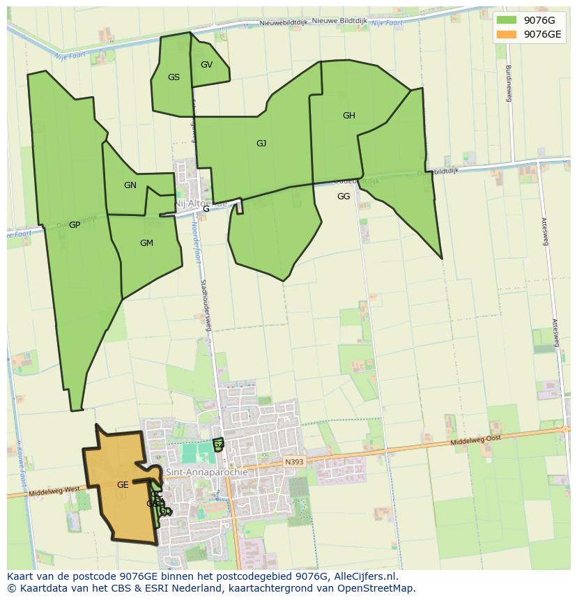 Afbeelding van het postcodegebied 9076 GE op de kaart.