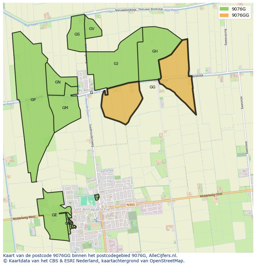 Afbeelding van het postcodegebied 9076 GG op de kaart.