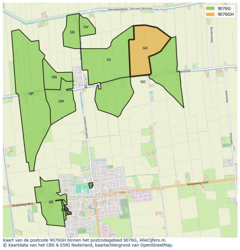 Afbeelding van het postcodegebied 9076 GH op de kaart.