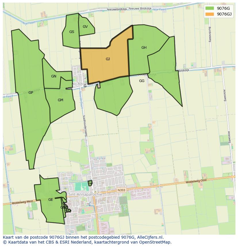 Afbeelding van het postcodegebied 9076 GJ op de kaart.