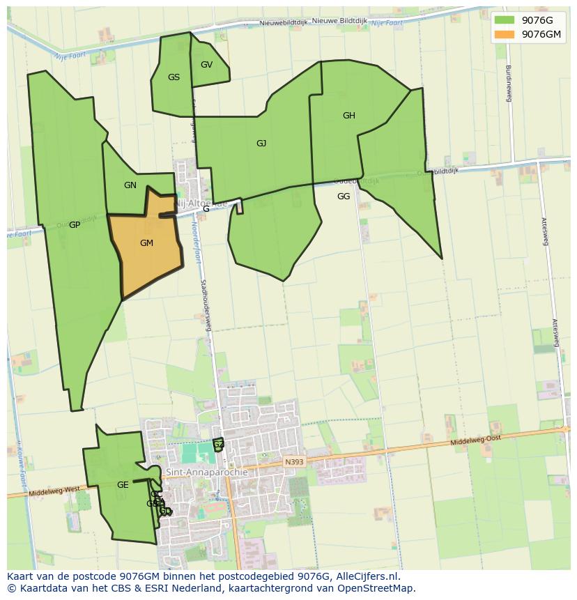 Afbeelding van het postcodegebied 9076 GM op de kaart.
