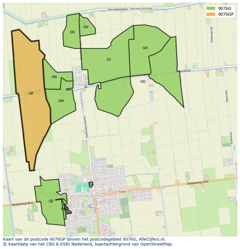 Afbeelding van het postcodegebied 9076 GP op de kaart.