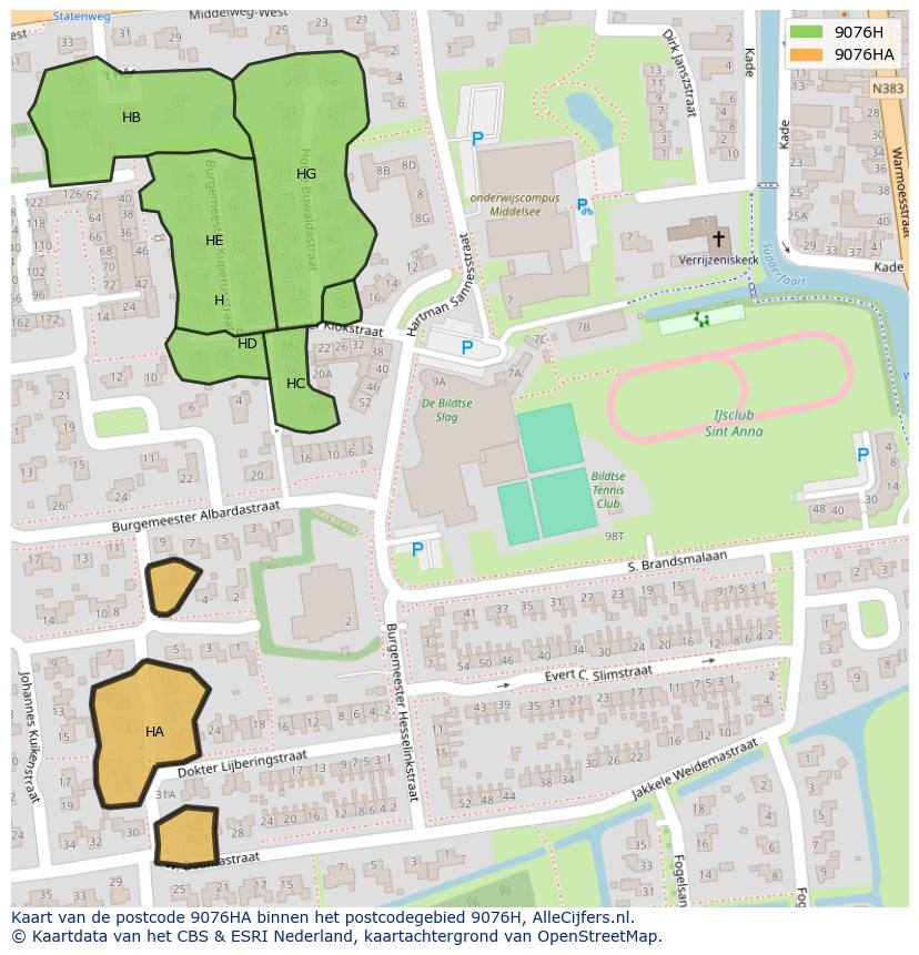 Afbeelding van het postcodegebied 9076 HA op de kaart.