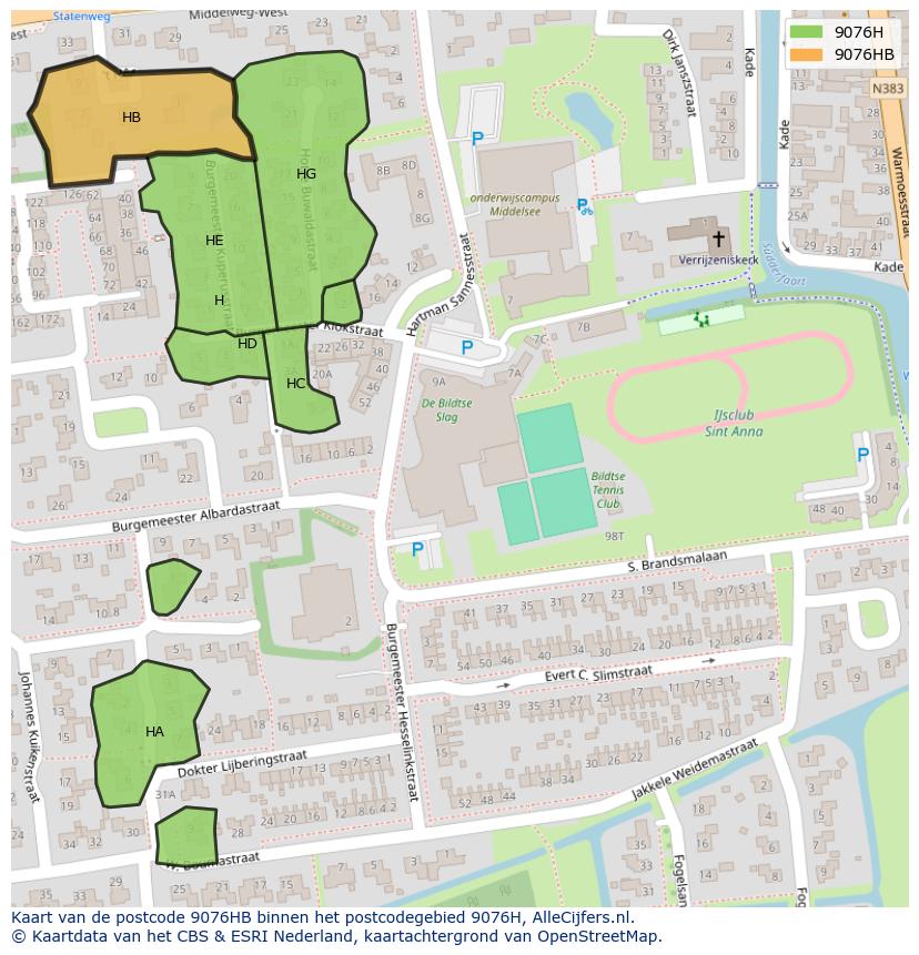 Afbeelding van het postcodegebied 9076 HB op de kaart.