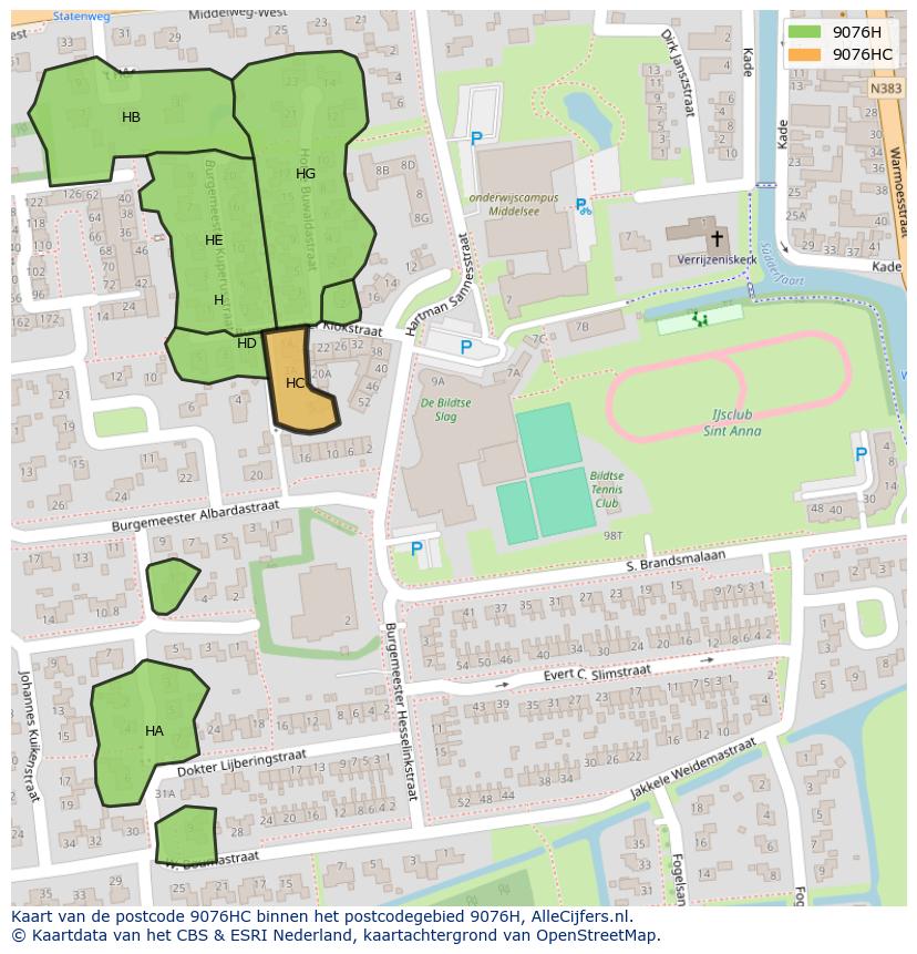 Afbeelding van het postcodegebied 9076 HC op de kaart.