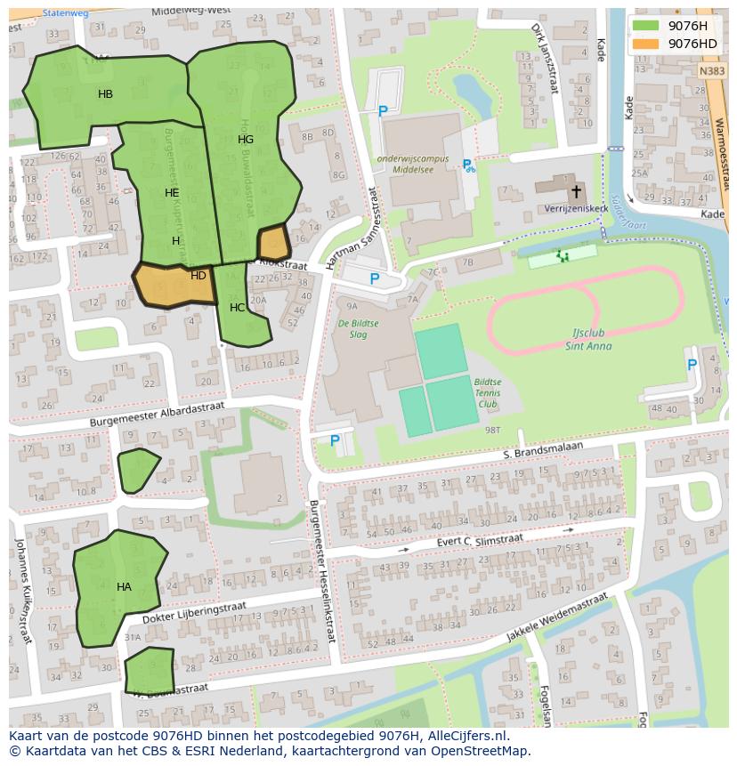 Afbeelding van het postcodegebied 9076 HD op de kaart.