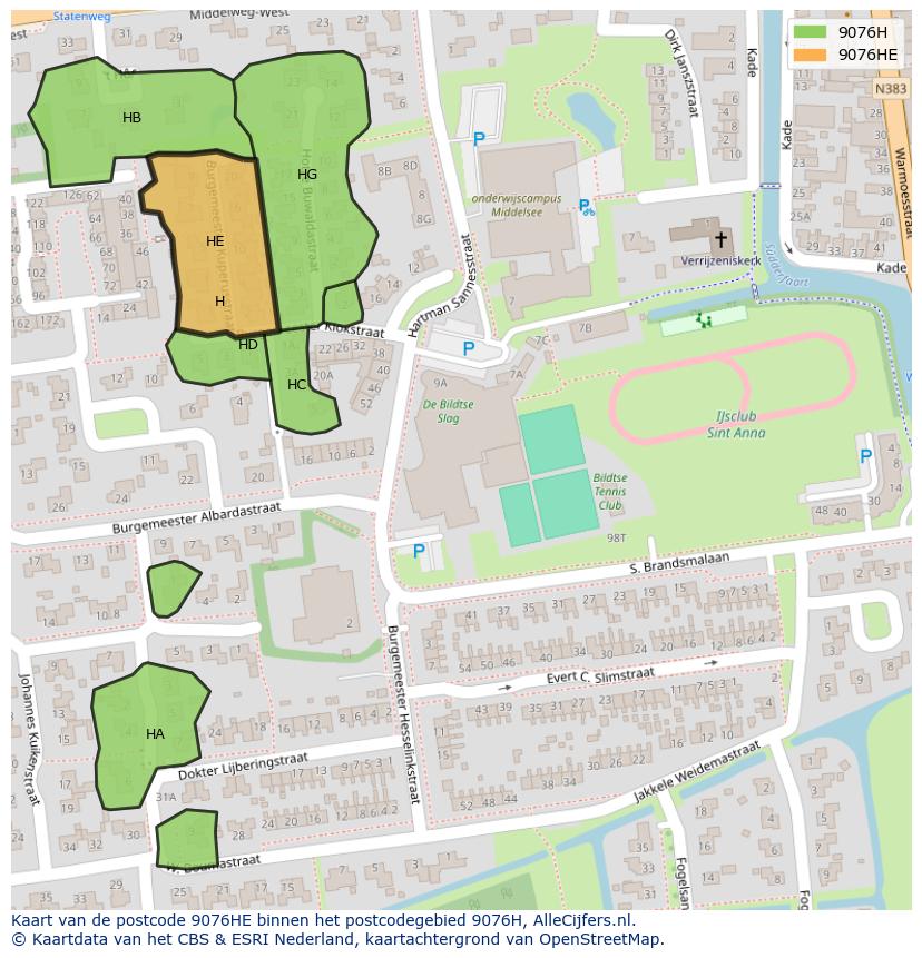 Afbeelding van het postcodegebied 9076 HE op de kaart.