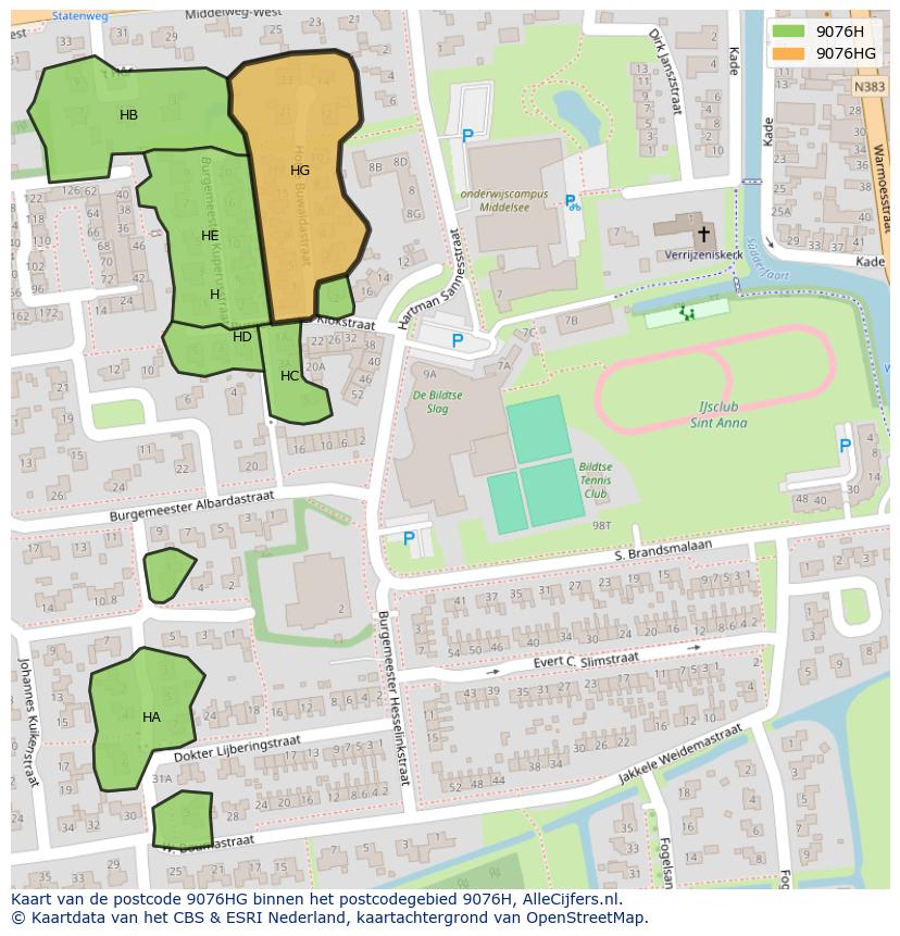 Afbeelding van het postcodegebied 9076 HG op de kaart.