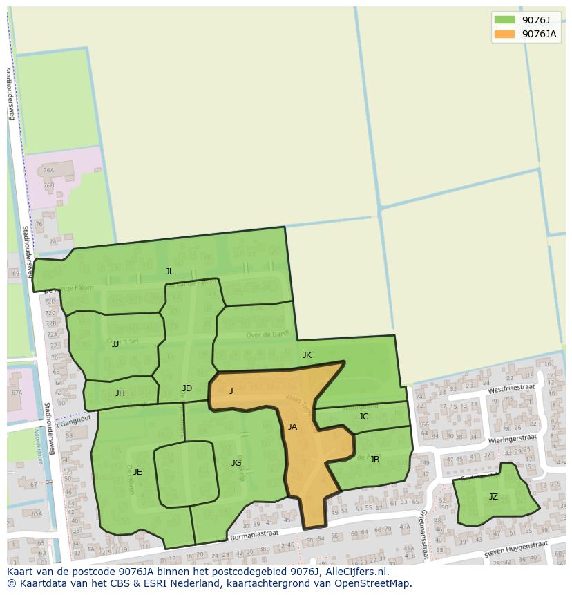 Afbeelding van het postcodegebied 9076 JA op de kaart.