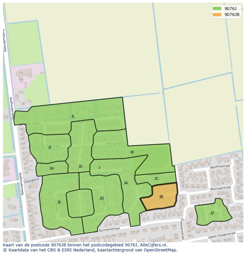 Afbeelding van het postcodegebied 9076 JB op de kaart.