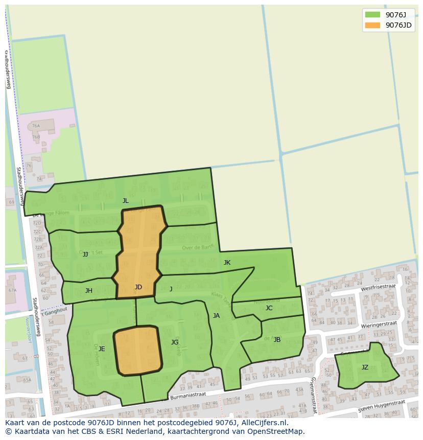 Afbeelding van het postcodegebied 9076 JD op de kaart.