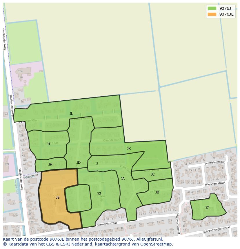 Afbeelding van het postcodegebied 9076 JE op de kaart.