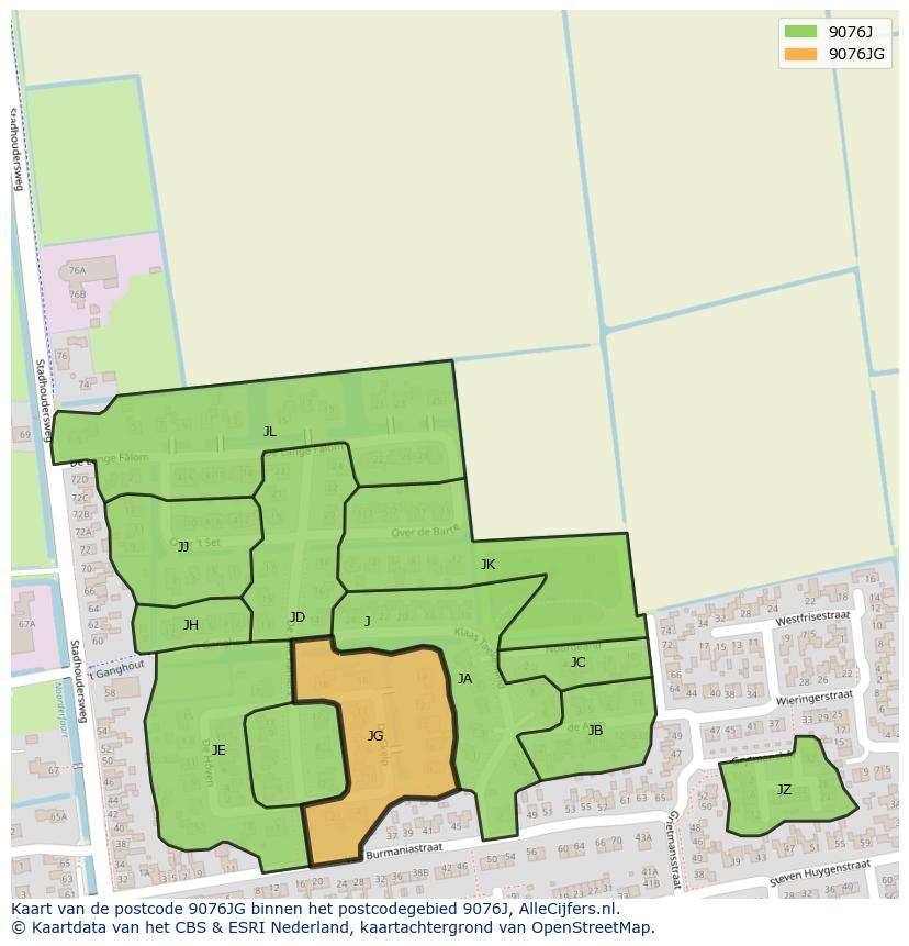 Afbeelding van het postcodegebied 9076 JG op de kaart.