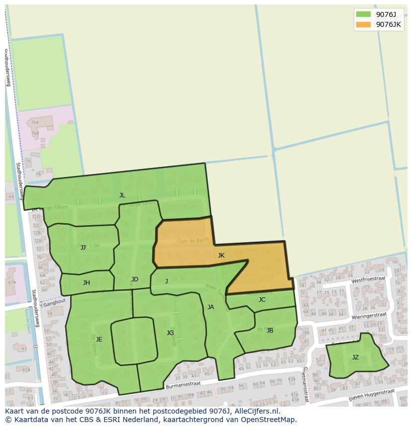 Afbeelding van het postcodegebied 9076 JK op de kaart.