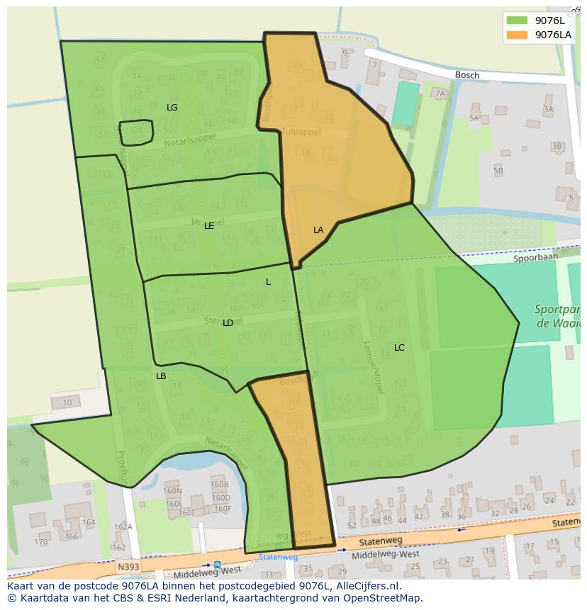 Afbeelding van het postcodegebied 9076 LA op de kaart.