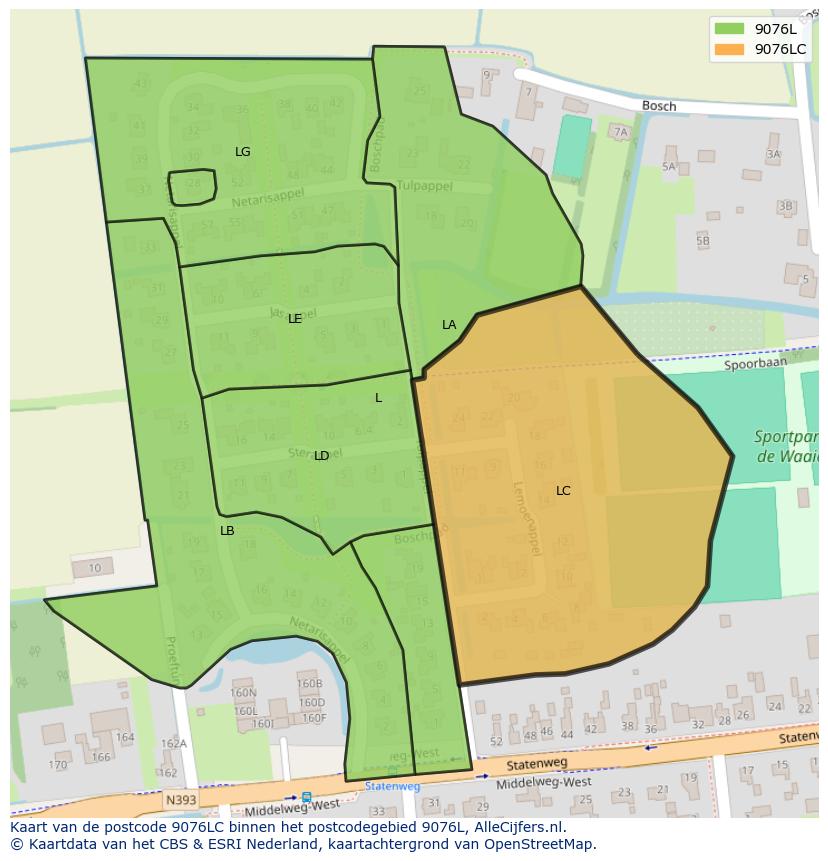 Afbeelding van het postcodegebied 9076 LC op de kaart.