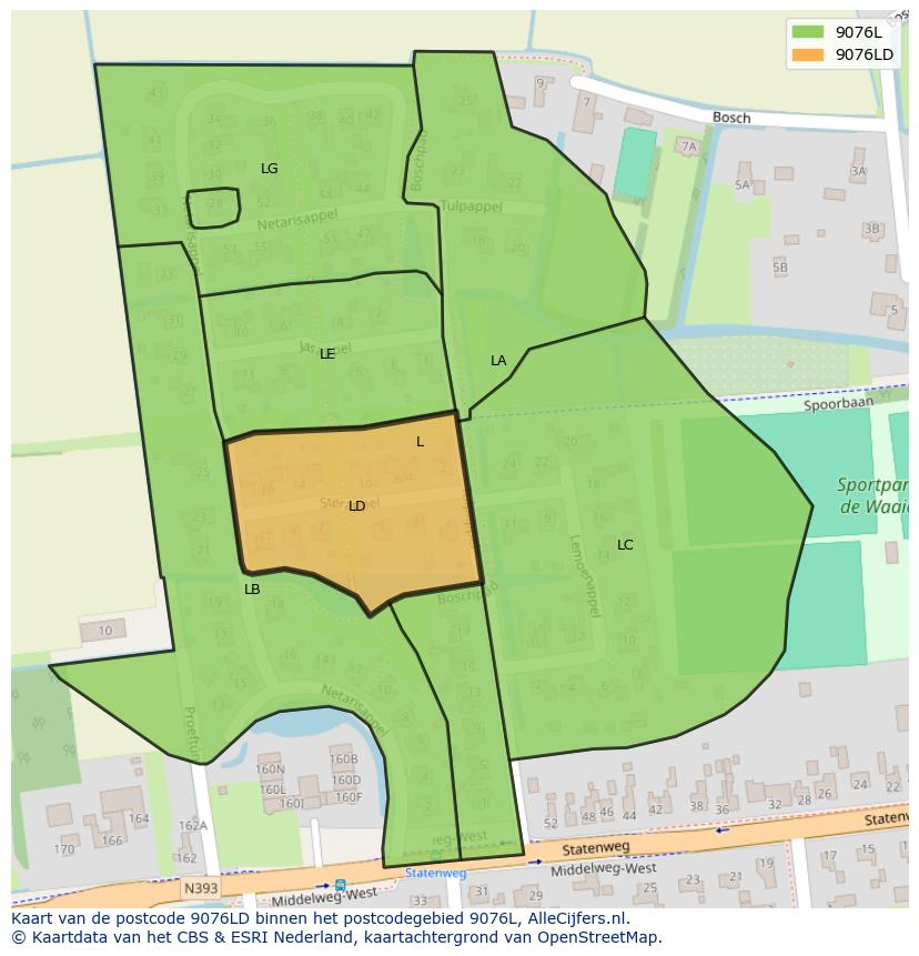 Afbeelding van het postcodegebied 9076 LD op de kaart.