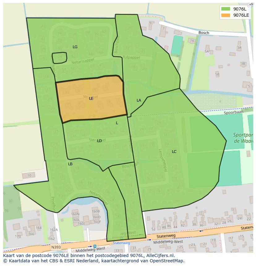 Afbeelding van het postcodegebied 9076 LE op de kaart.