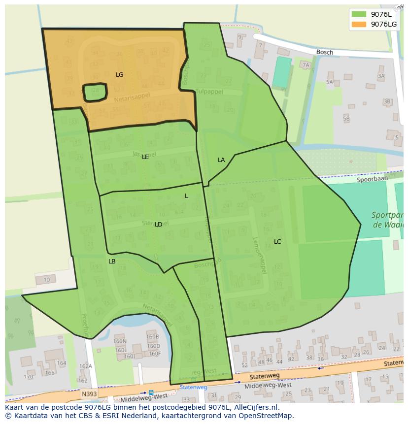 Afbeelding van het postcodegebied 9076 LG op de kaart.