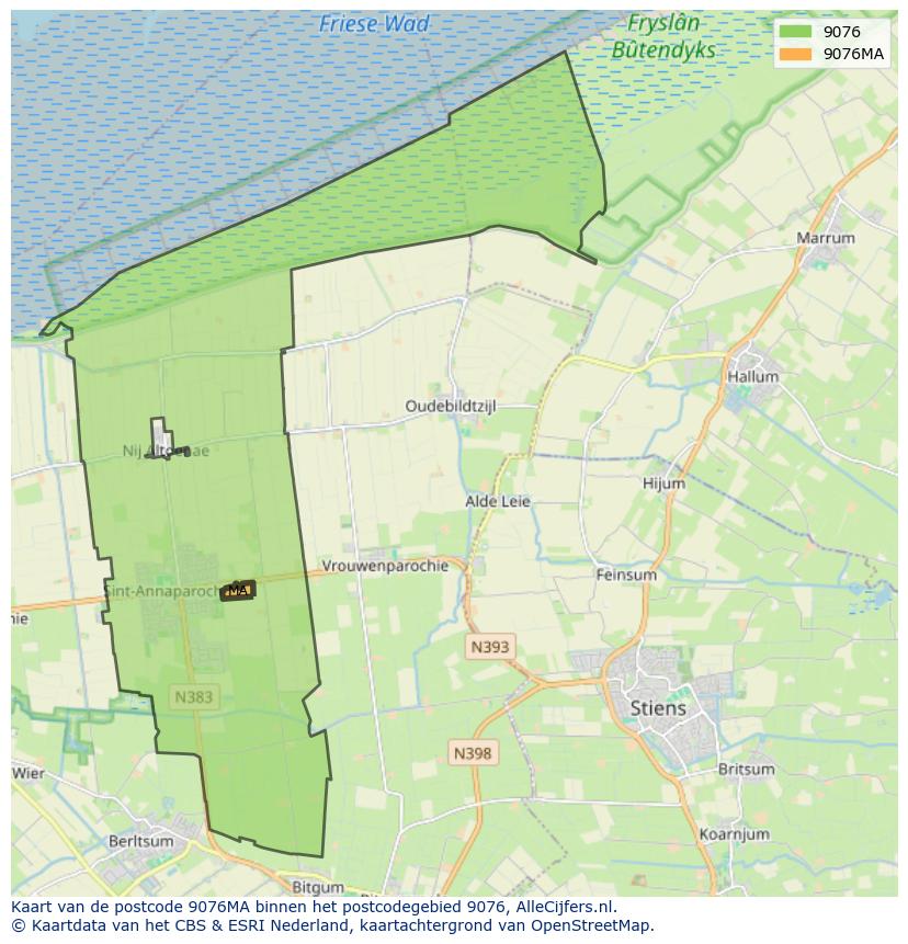Afbeelding van het postcodegebied 9076 MA op de kaart.