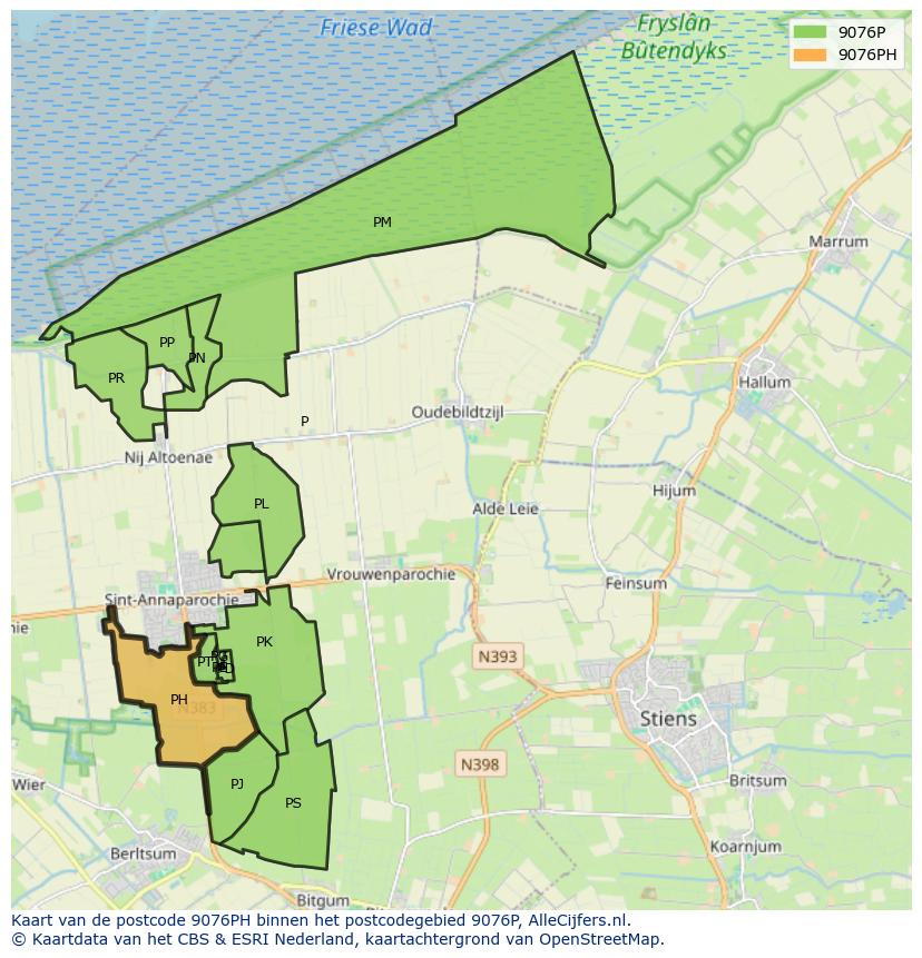 Afbeelding van het postcodegebied 9076 PH op de kaart.