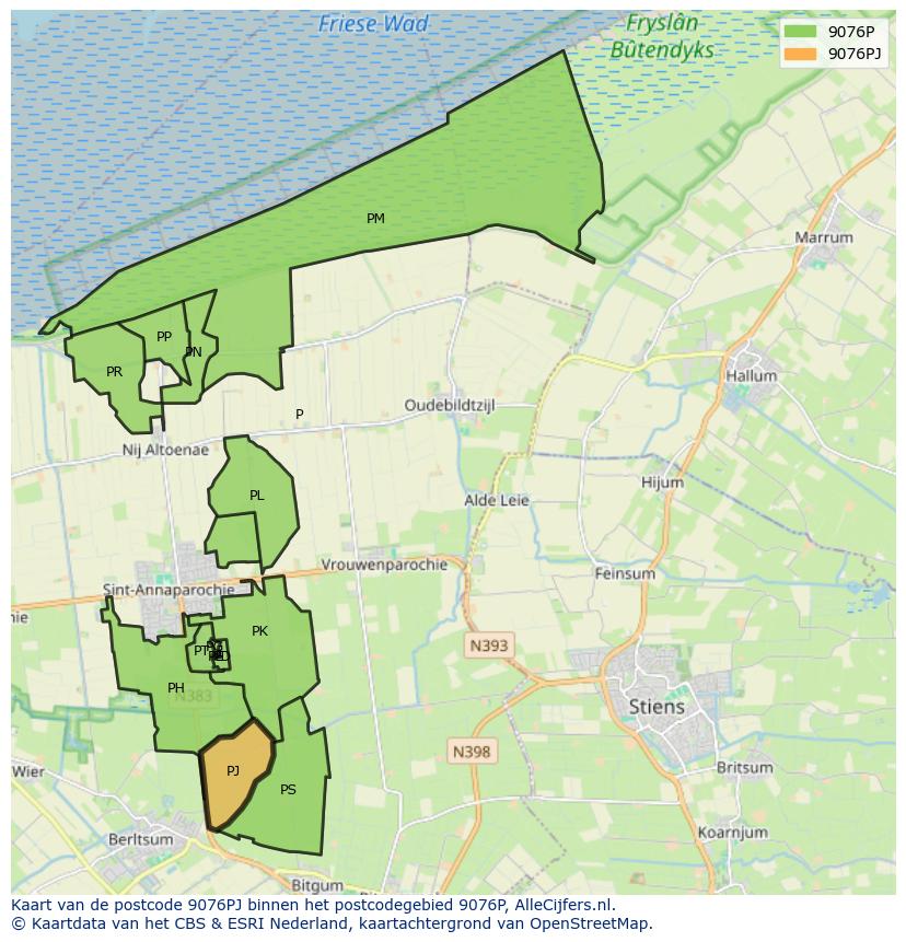 Afbeelding van het postcodegebied 9076 PJ op de kaart.