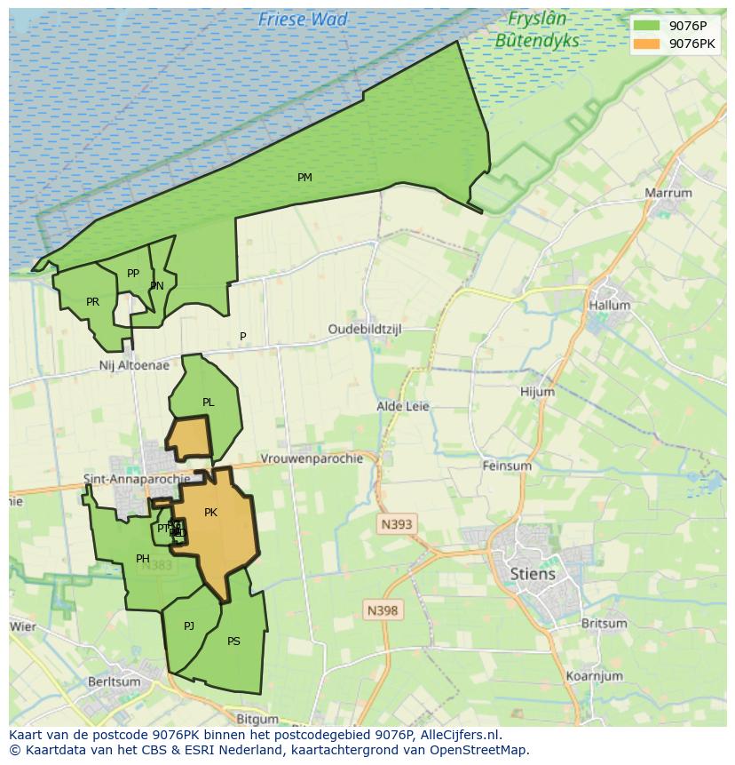 Afbeelding van het postcodegebied 9076 PK op de kaart.