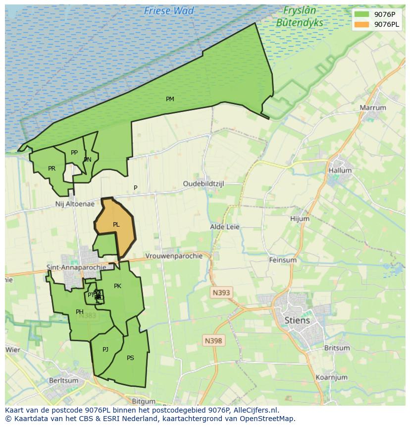 Afbeelding van het postcodegebied 9076 PL op de kaart.