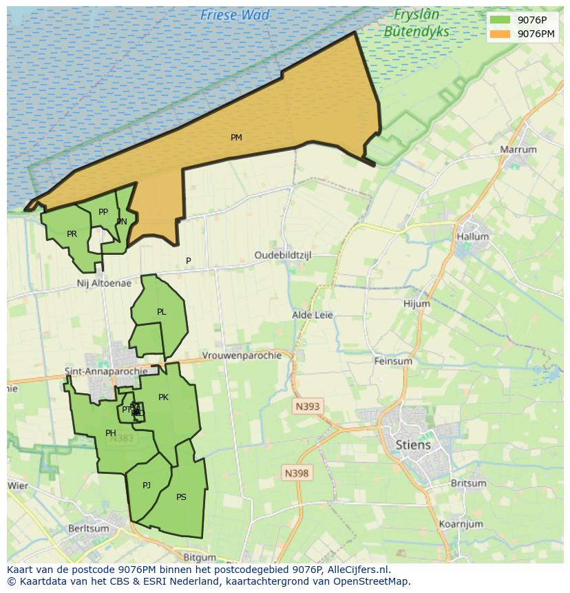 Afbeelding van het postcodegebied 9076 PM op de kaart.