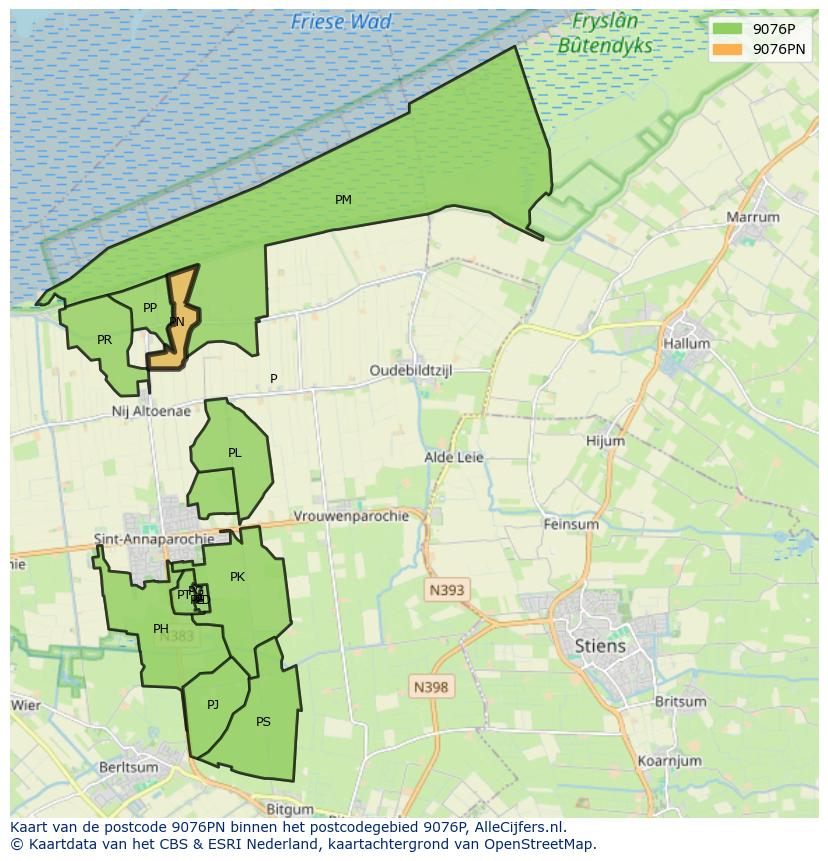Afbeelding van het postcodegebied 9076 PN op de kaart.