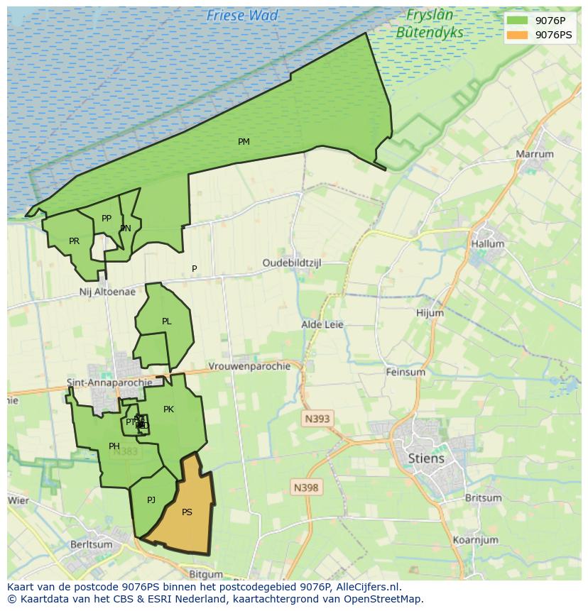 Afbeelding van het postcodegebied 9076 PS op de kaart.