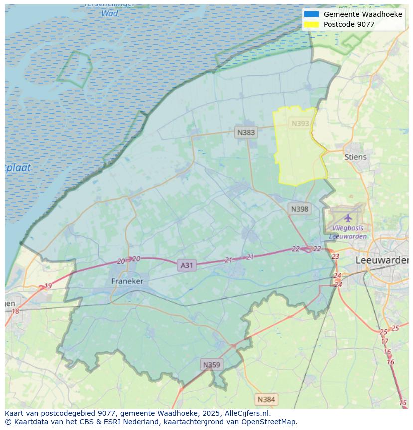 Afbeelding van het postcodegebied 9077 op de kaart.