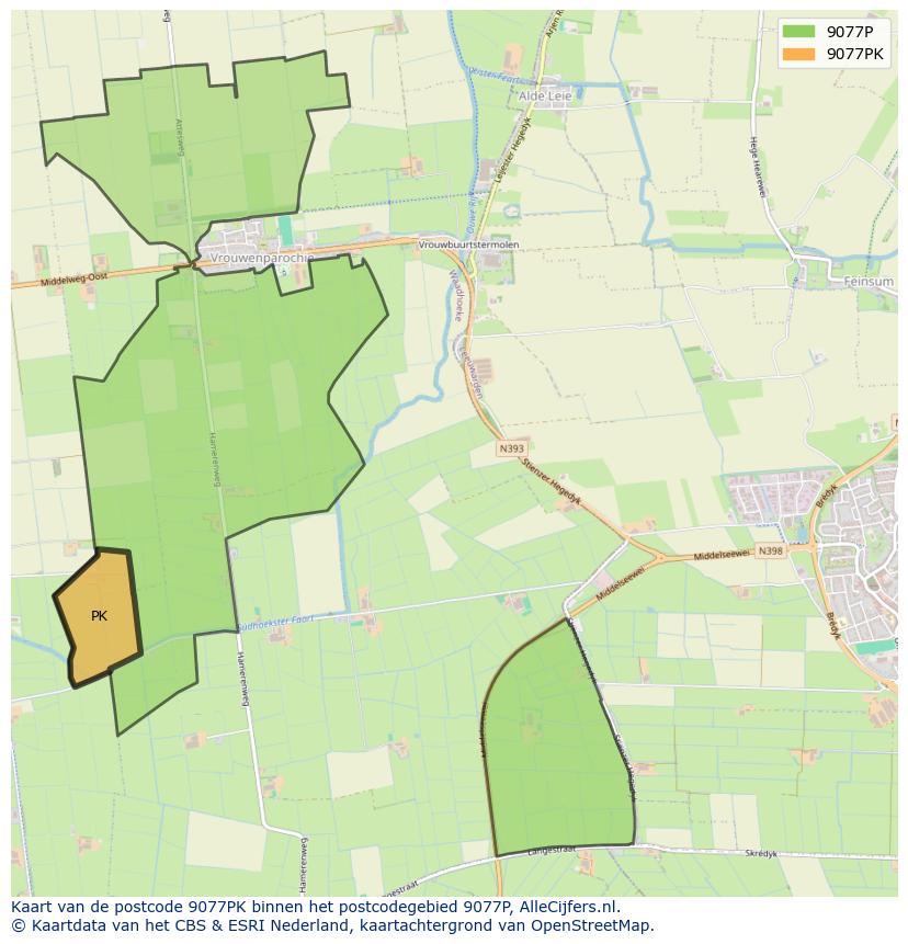 Afbeelding van het postcodegebied 9077 PK op de kaart.