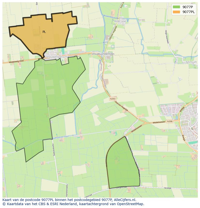 Afbeelding van het postcodegebied 9077 PL op de kaart.