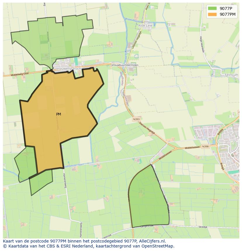 Afbeelding van het postcodegebied 9077 PM op de kaart.