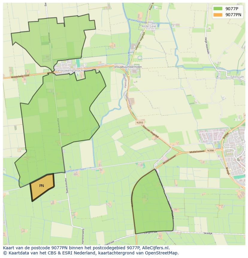 Afbeelding van het postcodegebied 9077 PN op de kaart.