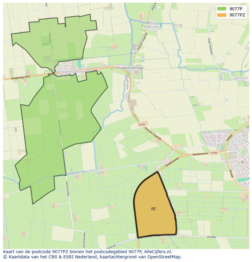 Afbeelding van het postcodegebied 9077 PZ op de kaart.