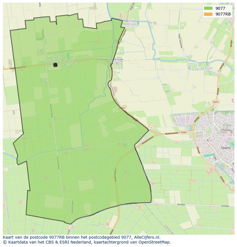 Afbeelding van het postcodegebied 9077 RB op de kaart.