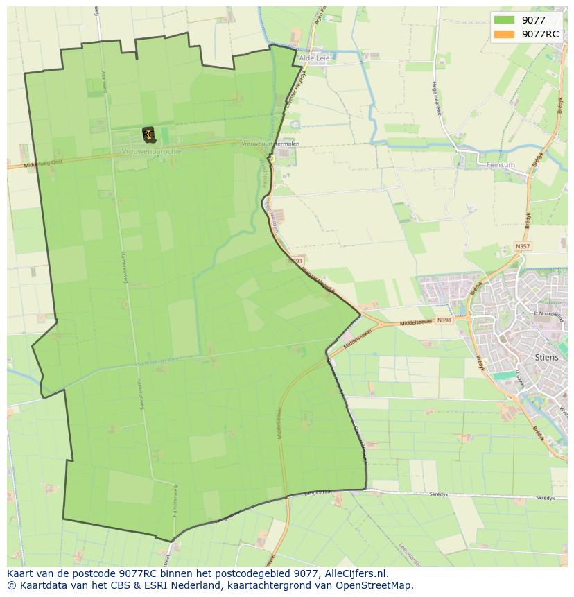 Afbeelding van het postcodegebied 9077 RC op de kaart.