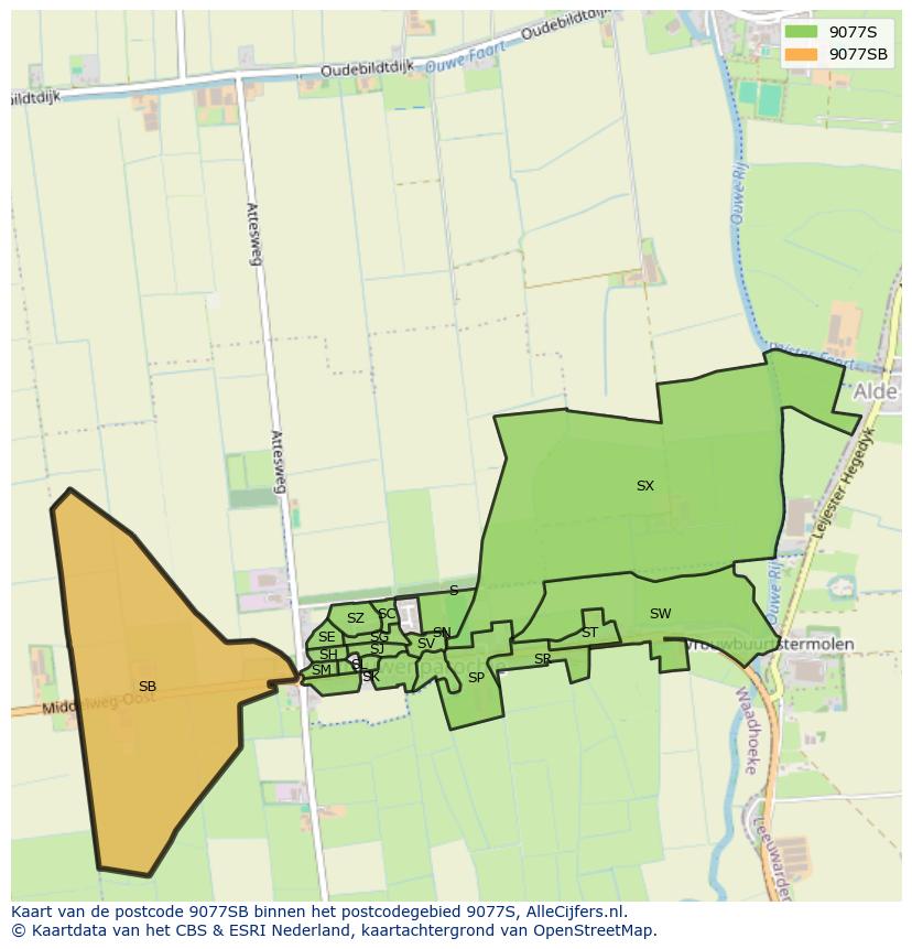 Afbeelding van het postcodegebied 9077 SB op de kaart.