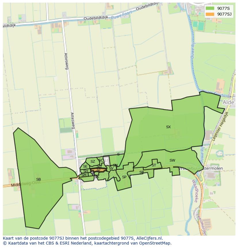 Afbeelding van het postcodegebied 9077 SJ op de kaart.