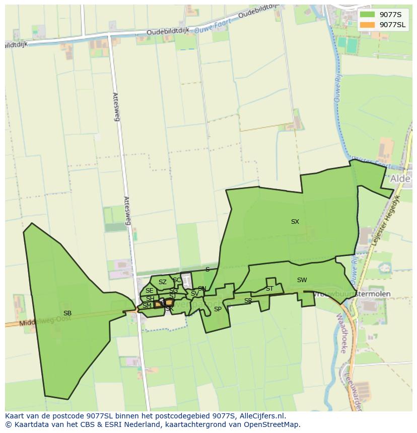 Afbeelding van het postcodegebied 9077 SL op de kaart.