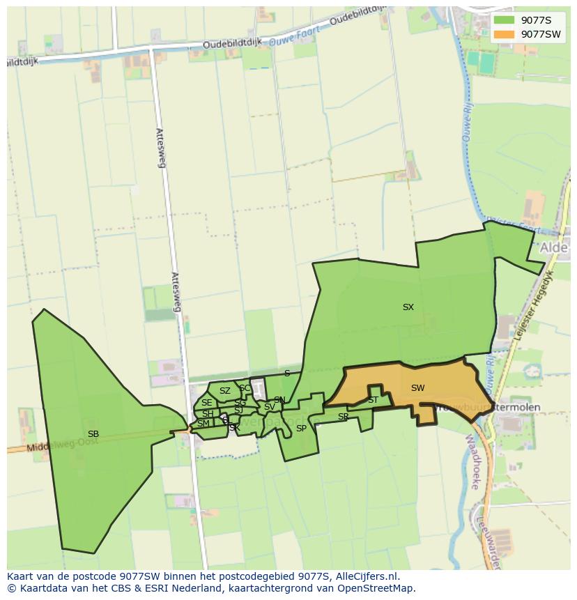 Afbeelding van het postcodegebied 9077 SW op de kaart.