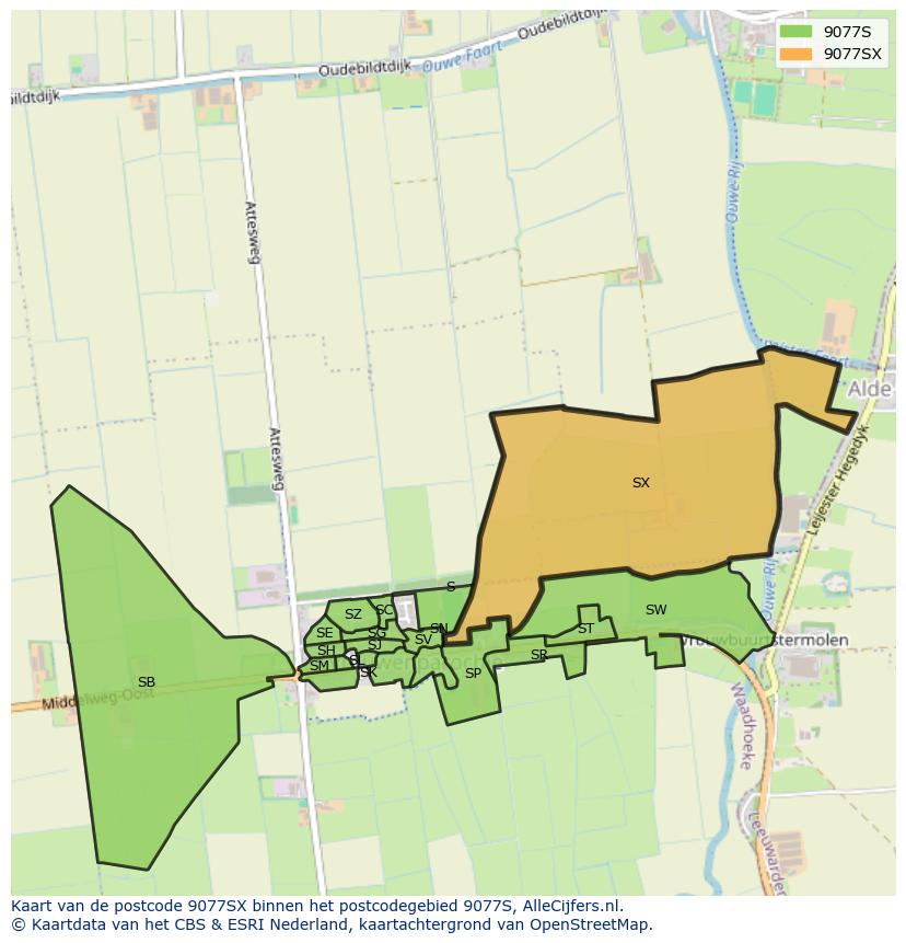 Afbeelding van het postcodegebied 9077 SX op de kaart.