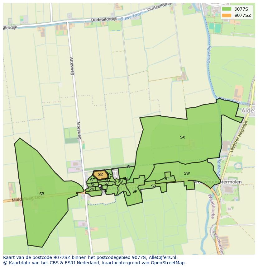 Afbeelding van het postcodegebied 9077 SZ op de kaart.