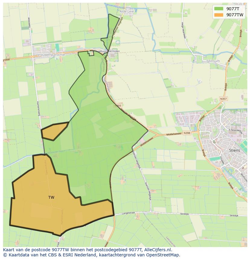 Afbeelding van het postcodegebied 9077 TW op de kaart.