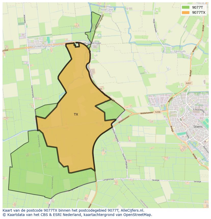 Afbeelding van het postcodegebied 9077 TX op de kaart.