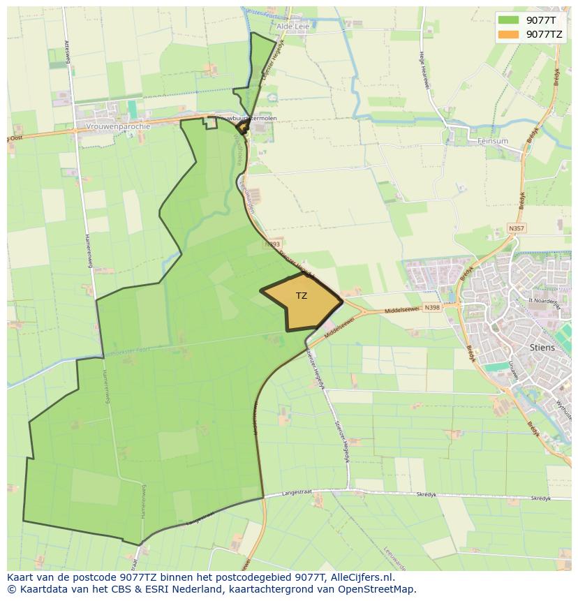 Afbeelding van het postcodegebied 9077 TZ op de kaart.