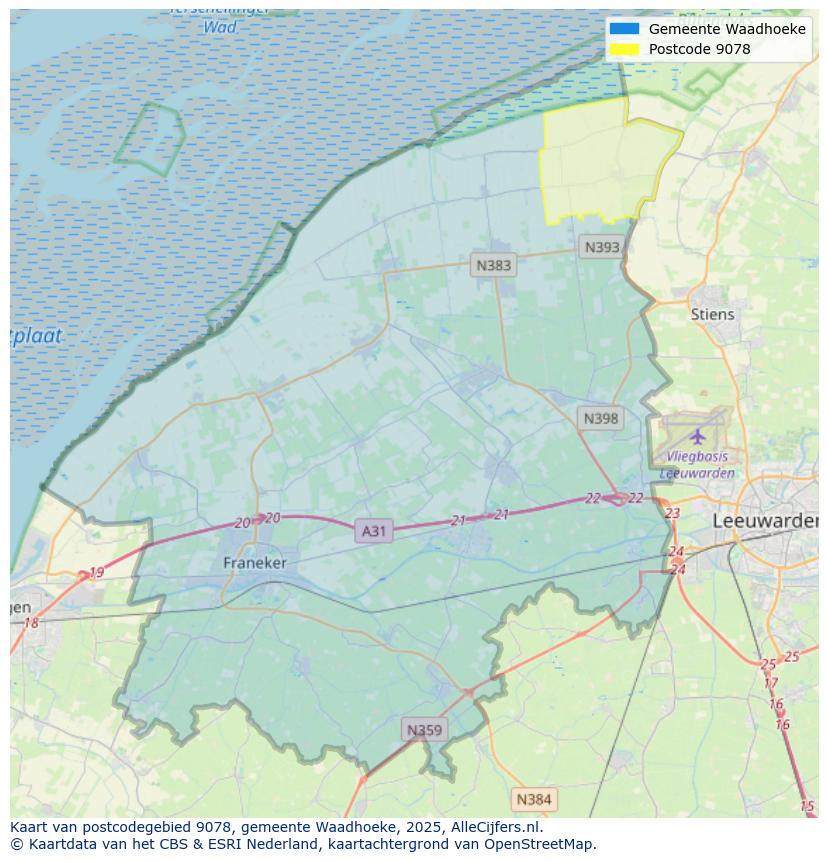 Afbeelding van het postcodegebied 9078 op de kaart.