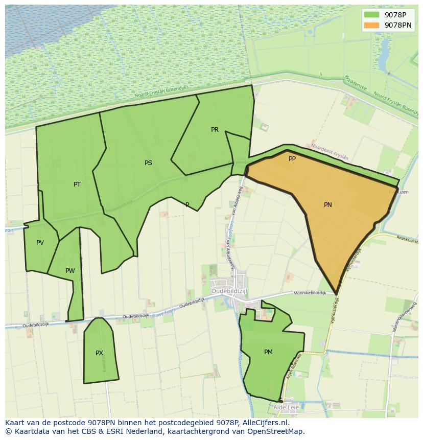Afbeelding van het postcodegebied 9078 PN op de kaart.